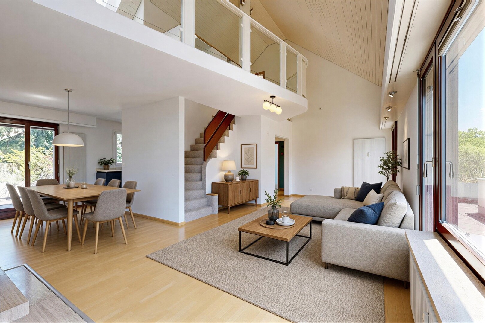 pièce vide avec lumière naturelle, natural light, sol en finition bois, wood finish floor, et plafond haut
