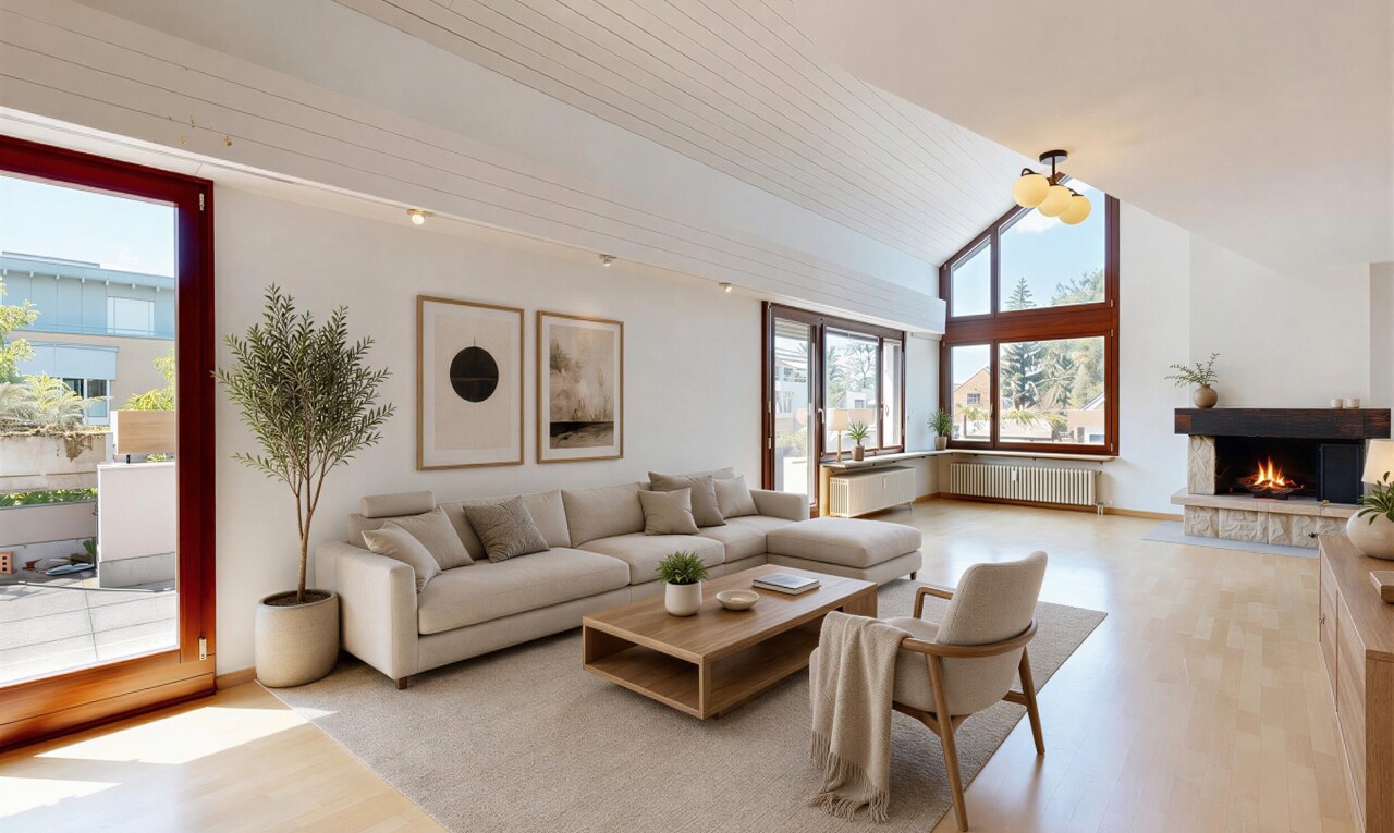 salon avec day time, inside property, sol en finition bois, wood finish floor, et cheminée