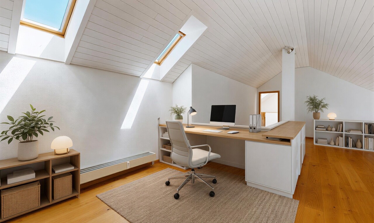 pièce vide avec puits de lumière, sol en finition bois, wood finish floor, inside property, et plafond voûté
