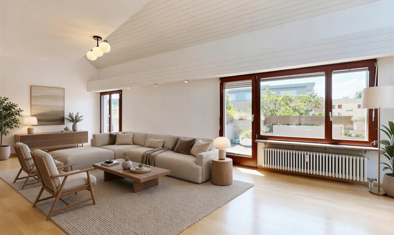 pièce vide avec sol en finition bois, wood finish floor, radiateur, lumière naturelle, et natural light