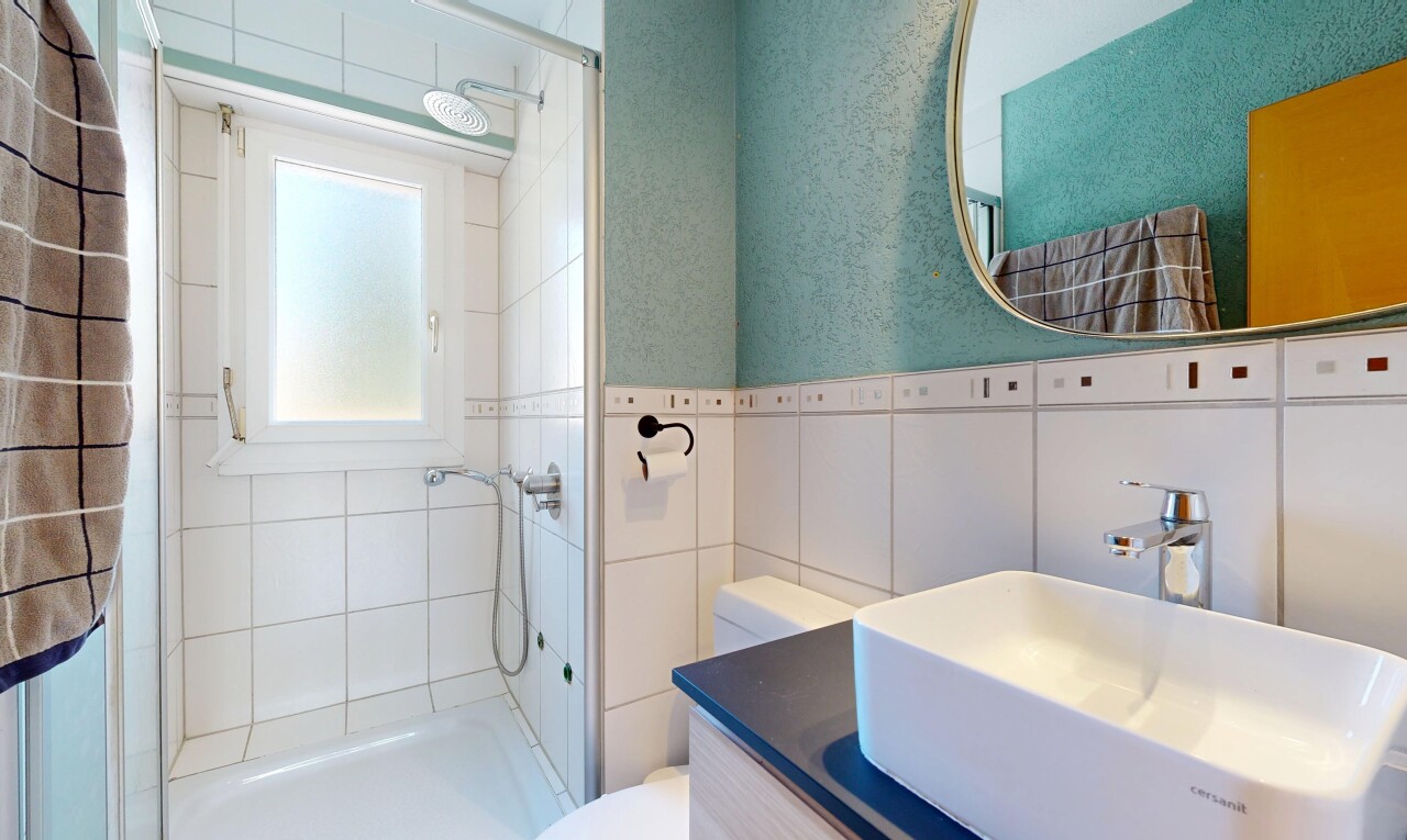 salle de bains avec douche, évier, miroir, salle de bain complète, et lavabo (ou coiffeuse selon le contexte)