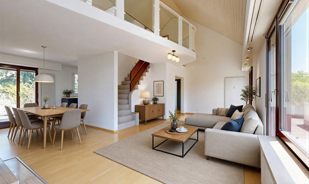 pièce vide avec lumière naturelle, natural light, sol en finition bois, wood finish floor, et plafond haut