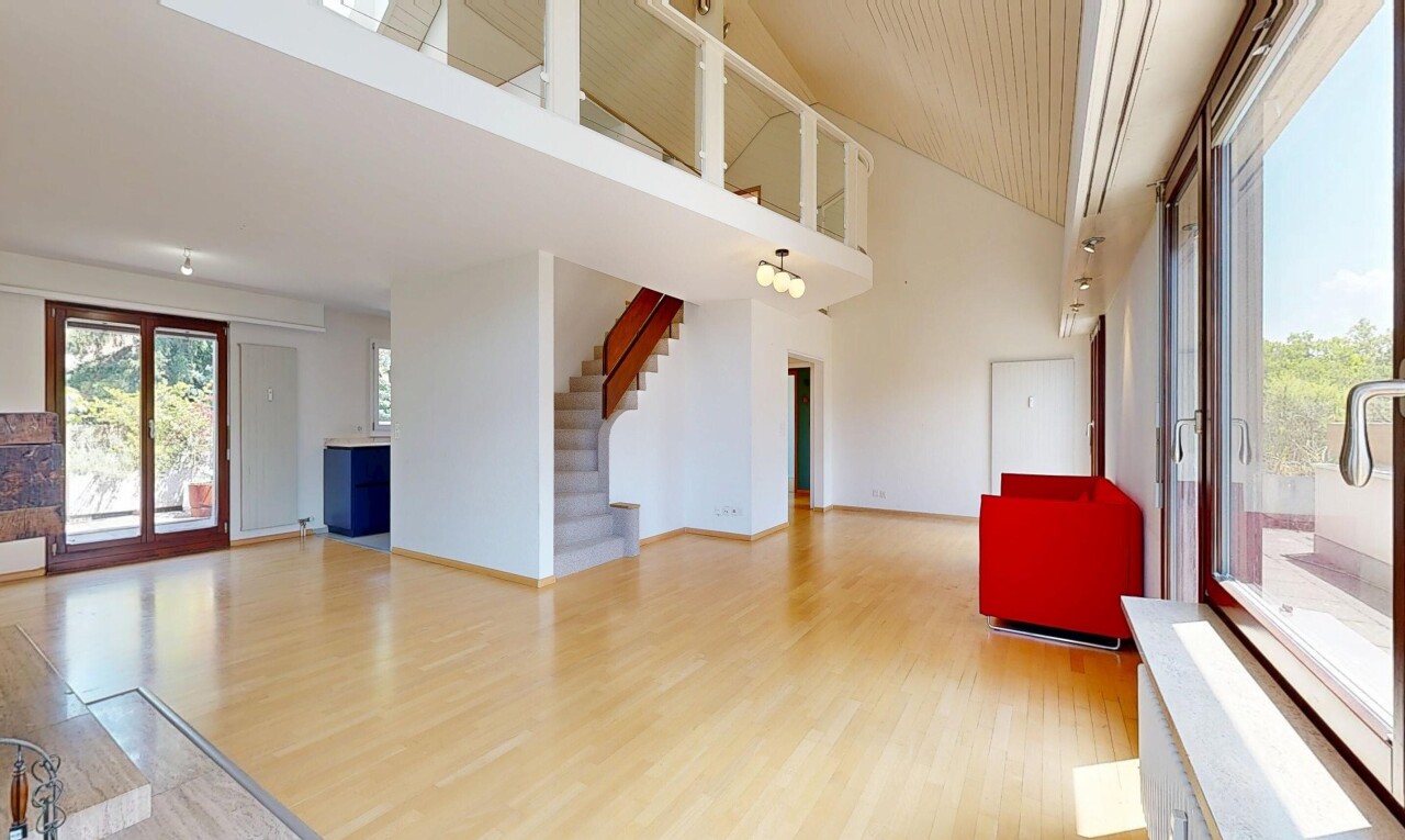 pièce vide avec lumière naturelle, natural light, sol en finition bois, wood finish floor, et plafond haut