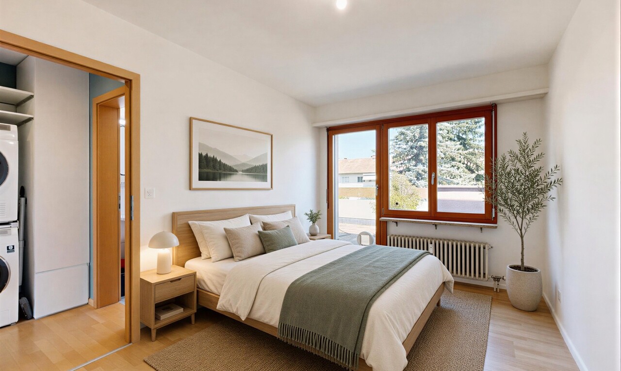 pièce vide avec wood finish floor, sol en finition bois, lave-linge et sèche-linge superposés, inside property, et radiateur