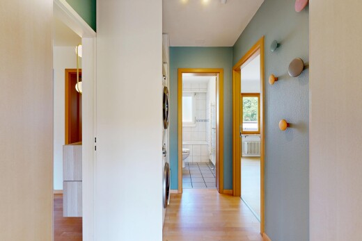 couloir avec inside property, sol en finition bois, wood finish floor, lumière naturelle, et natural light