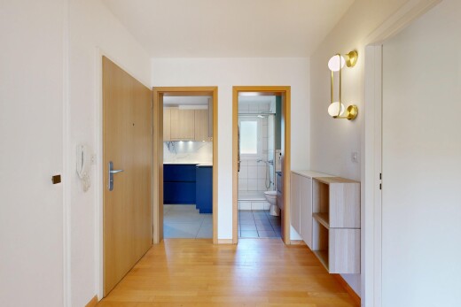 couloir avec inside property, sol en finition bois, wood finish floor, cloison sèche, et drywall