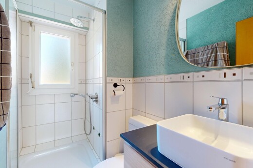salle de bains avec douche, évier, miroir, salle de bain complète, et lavabo (ou coiffeuse selon le contexte)