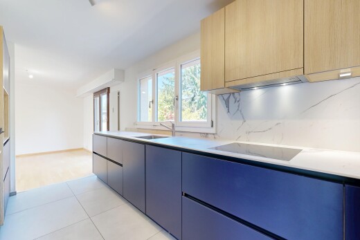 cuisine avec armoires à panneau plat, flat panel cabinets, cloison sèche, drywall, et light countertops