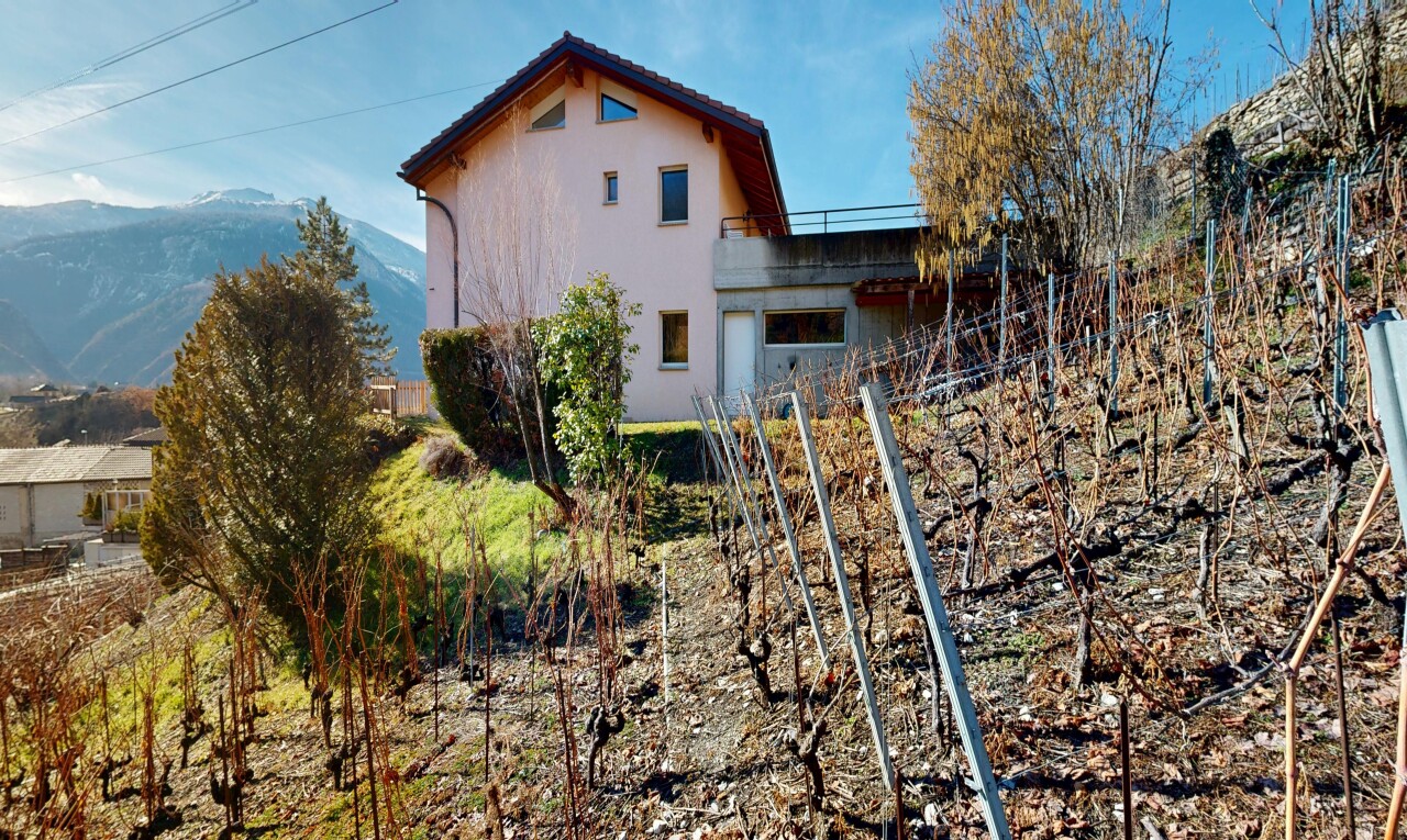 façade avec vue sur la montagne, mountain view, day time, bardage en stuc, et property visible