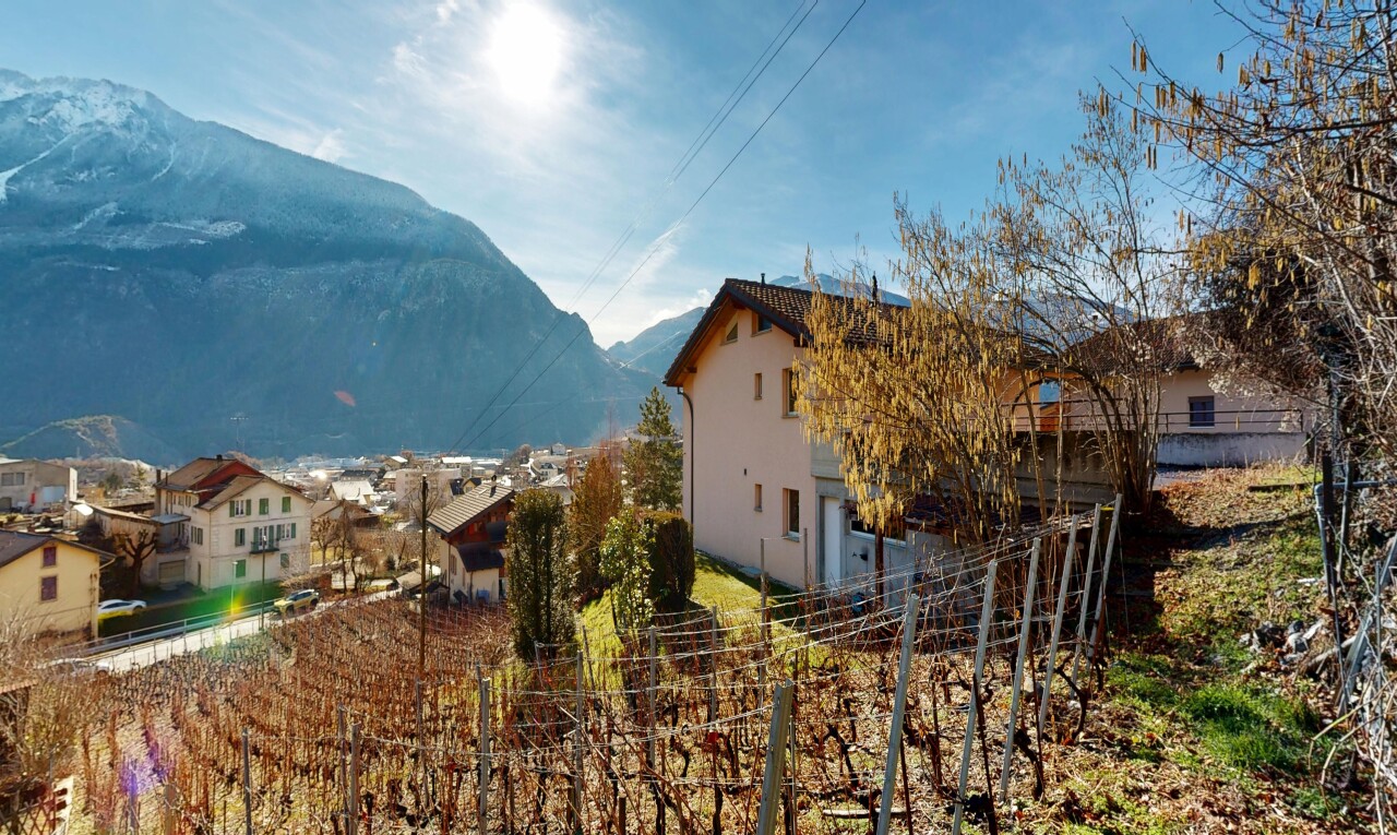 façade avec vue sur la montagne, mountain view, clôture, bardage en stuc, et day time