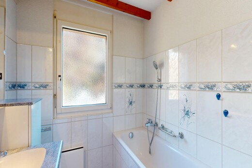 salle de bains avec lavabo (ou coiffeuse selon le contexte), salle de bain complète, douche-bain combinés, natural light, et lumière naturelle