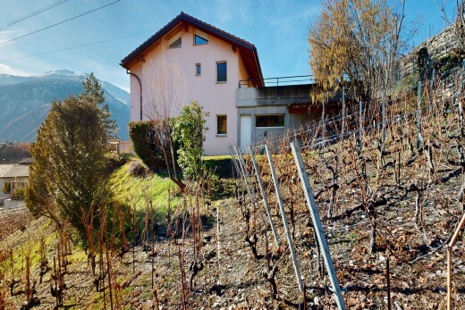 façade avec vue sur la montagne, mountain view, day time, bardage en stuc, et property visible
