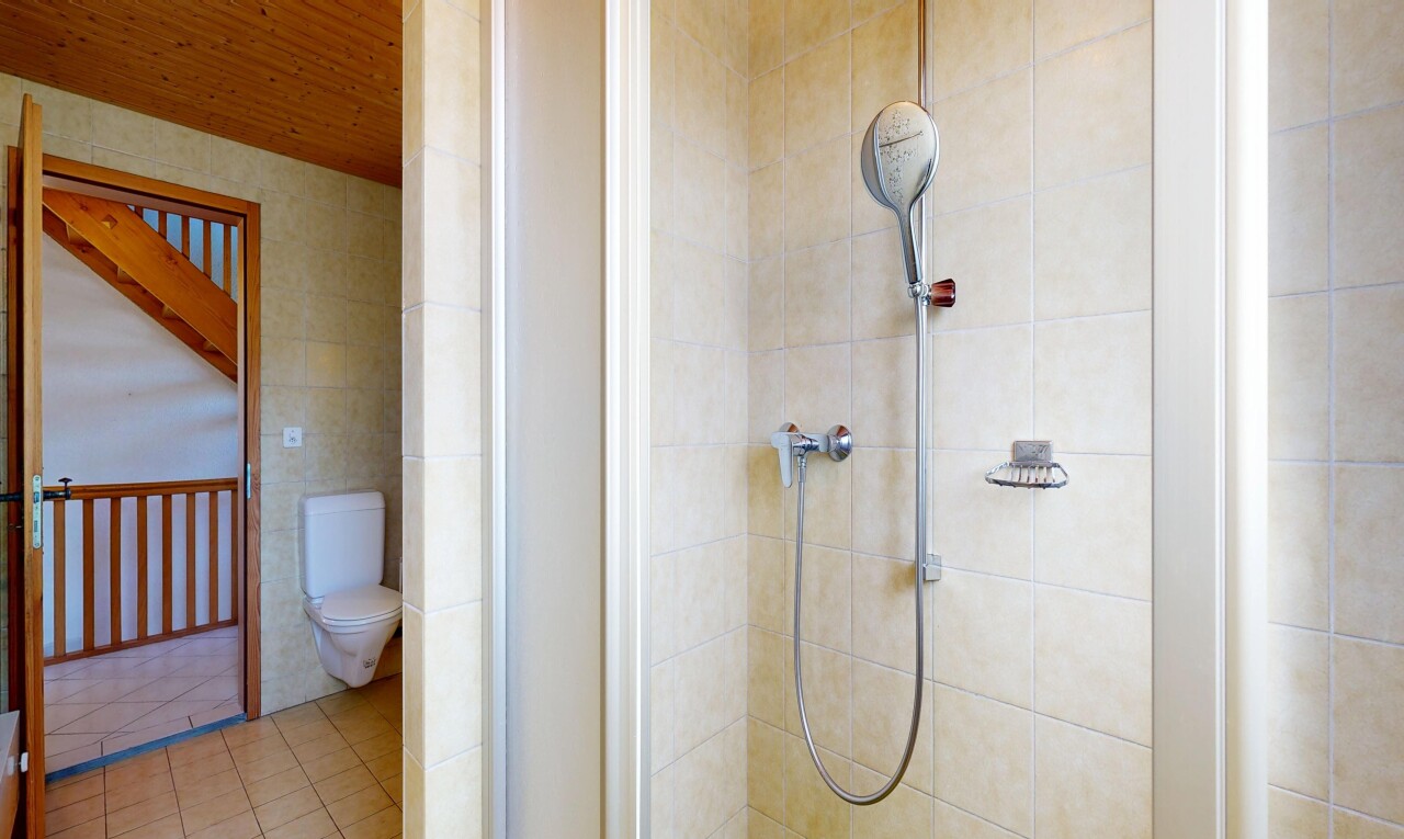 bad mit toilette, dusche, komplettes badezimmer, fliesenboden, und tile floor