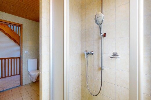 bad mit toilette, dusche, komplettes badezimmer, fliesenboden, und tile floor