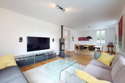 wohn- / esszimmer mit fernseher, wood finish floor, holzfußboden, natural light, und natürliches licht