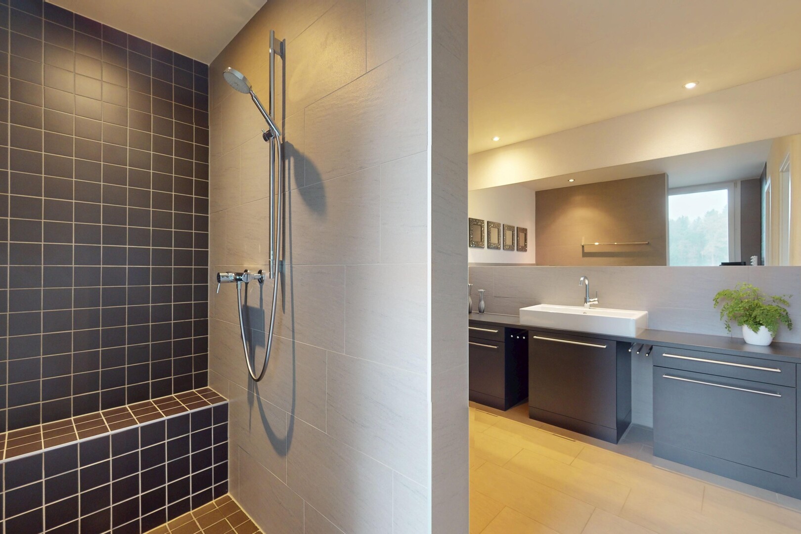 salle de bains avec miroir, vasque, douche, lumière naturelle, et meuble-lavabo