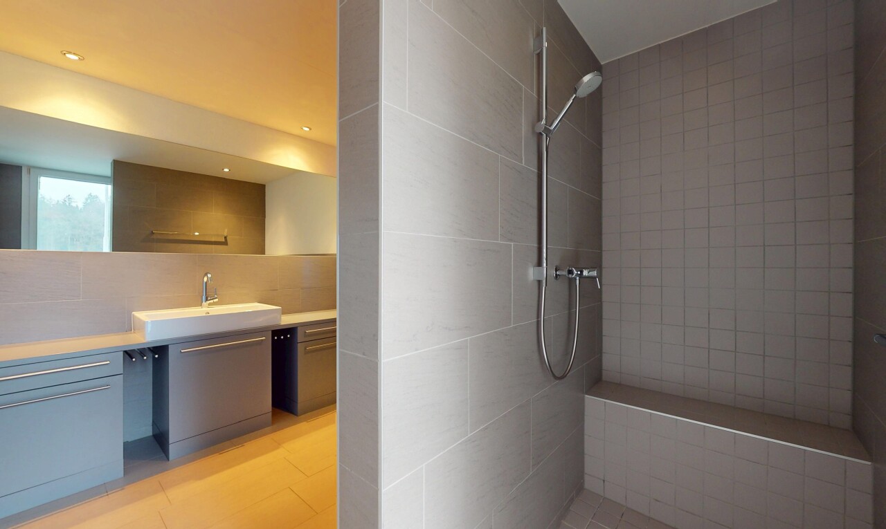 salle de bains avec douche, meuble-lavabo, vasque, miroir, et mur carrelé