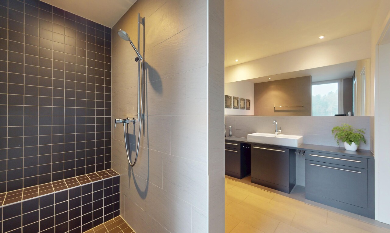 salle de bains avec miroir, vasque, douche, lumière naturelle, et meuble-lavabo