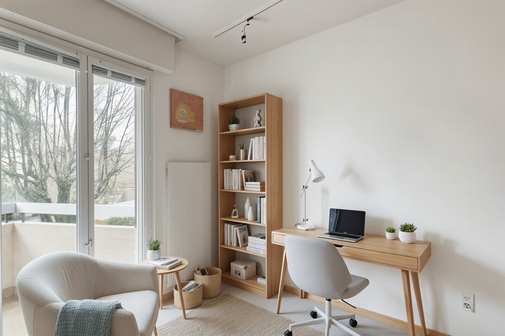 büro mit fernseher, inside property, bürobereich, natürliches licht, und natural light