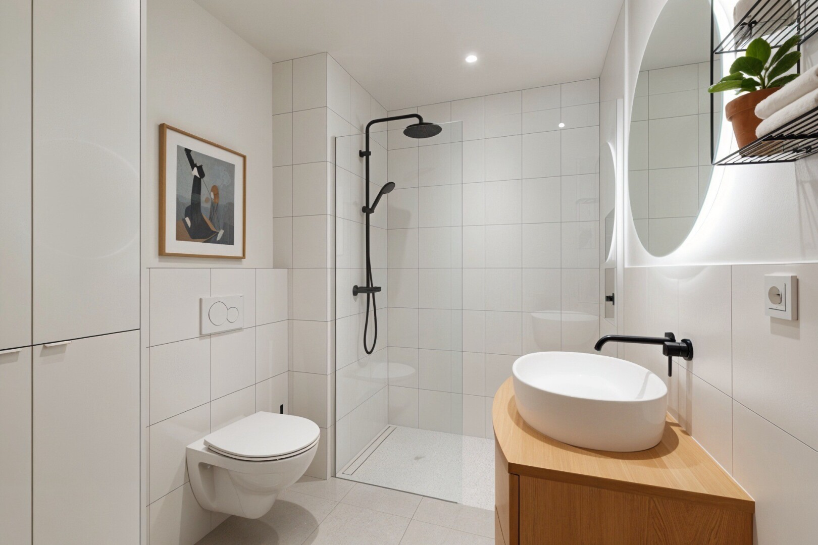 bad mit dusche, fliesenwand, tile wall, komplettes badezimmer, und inside property