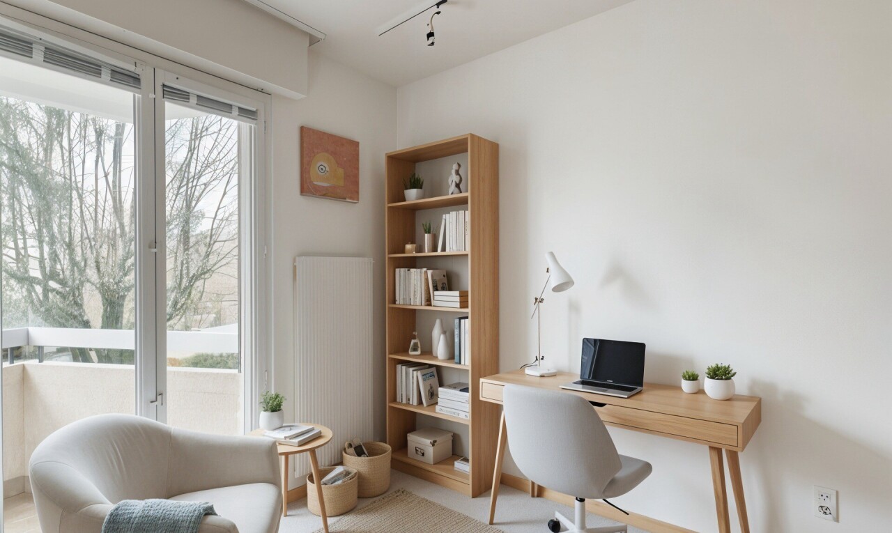 büro mit fernseher, inside property, bürobereich, natürliches licht, und natural light