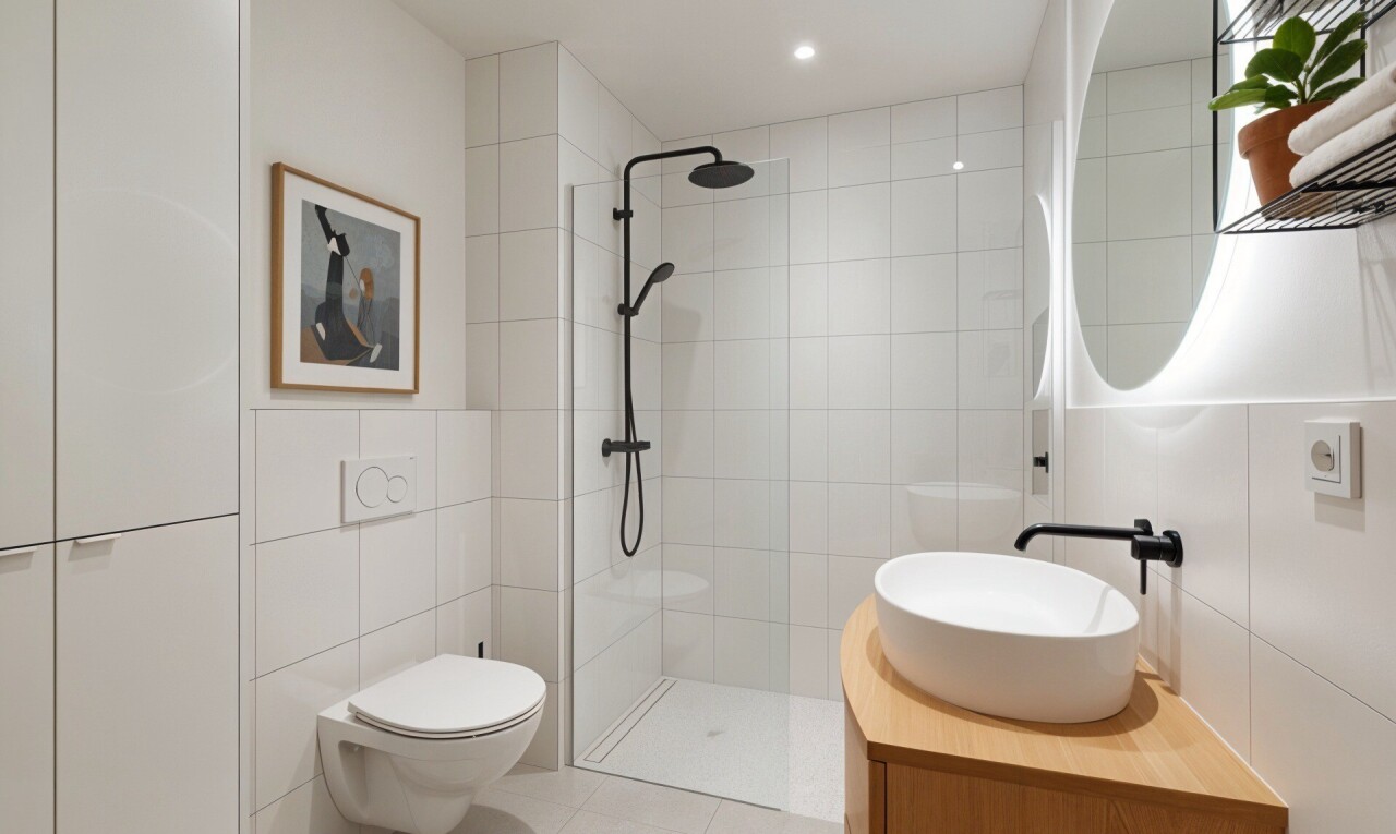 bad mit dusche, fliesenwand, tile wall, komplettes badezimmer, und inside property