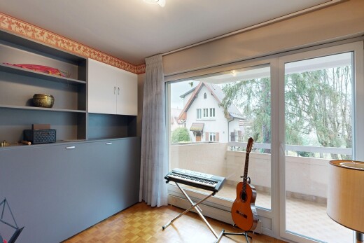 home office with parquet flooring
