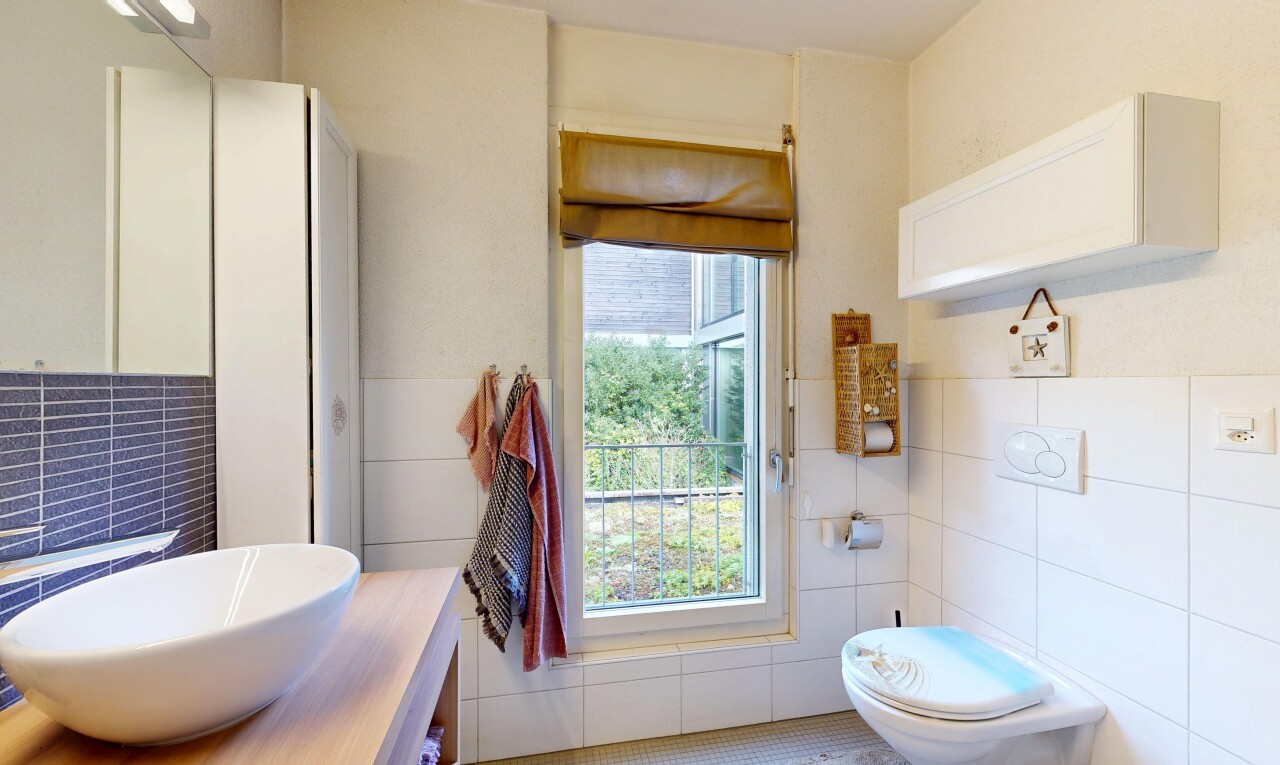 salle de bains avec mur en carrelage, tile wall, inside property, évier, et lumière naturelle