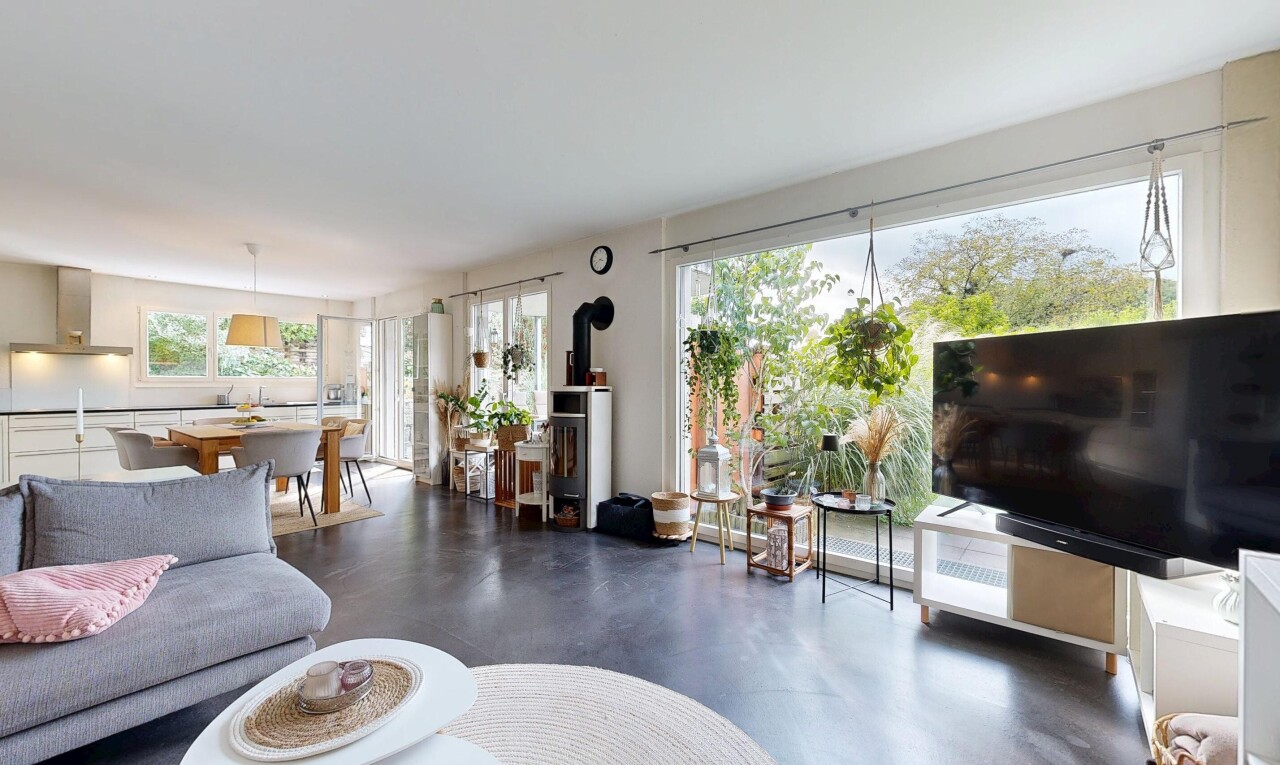salon / salle à manger avec télévision, inside property, poêle à bois, lumière naturelle, et natural light