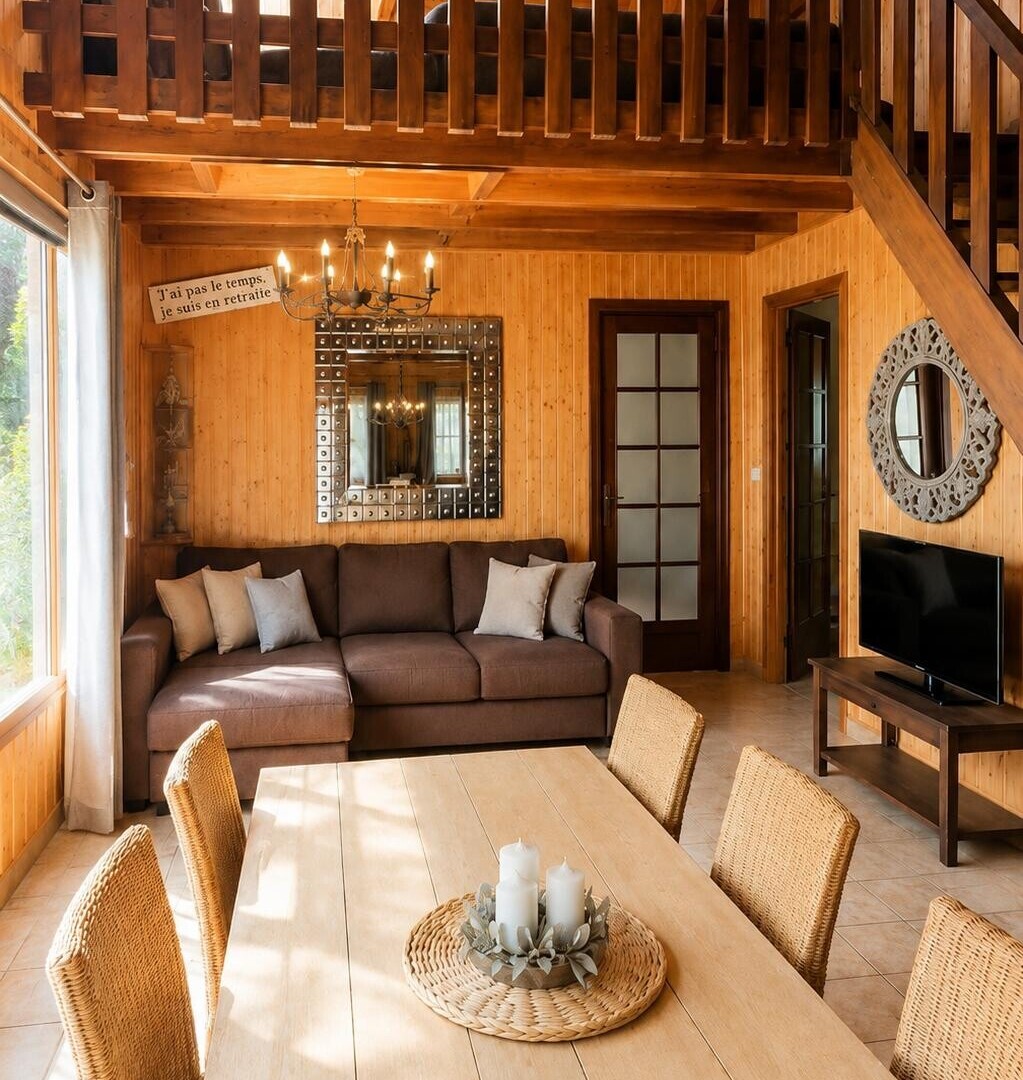 salon / salle à manger avec mur en bois, wood wall, lustre remarquable, télévision, et plafond à poutres