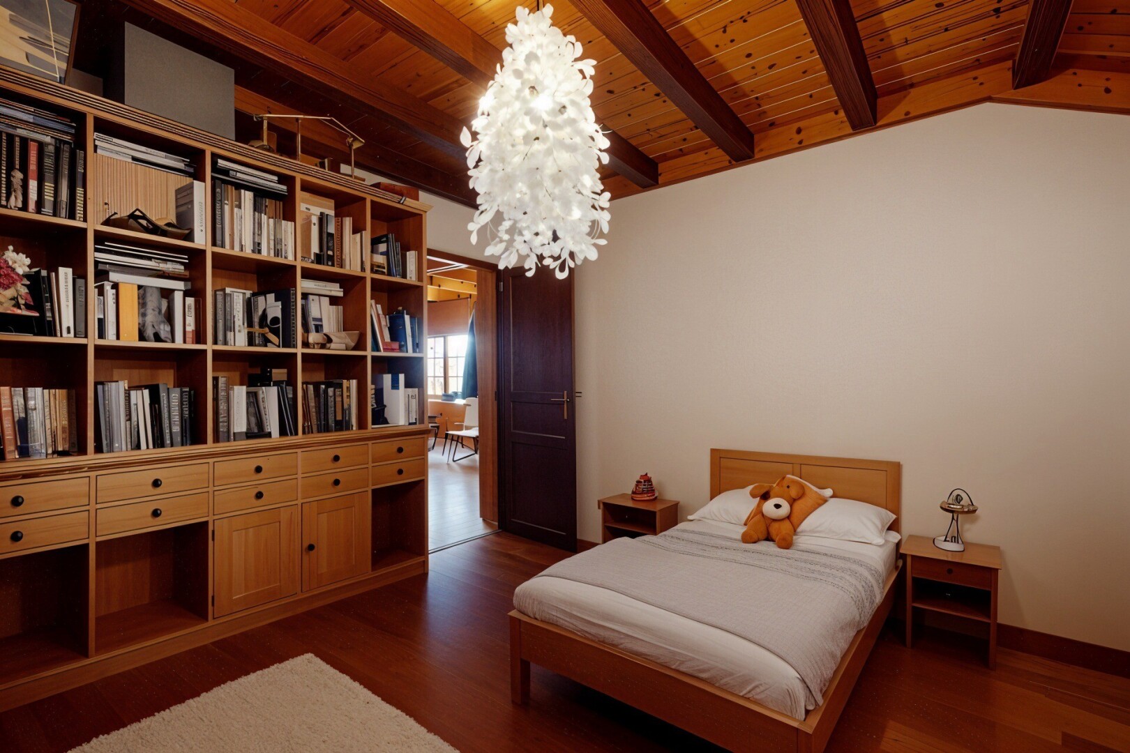 chambre avec sol en finition bois, plafond en bois, lustre remarquable, et cloison sèche
