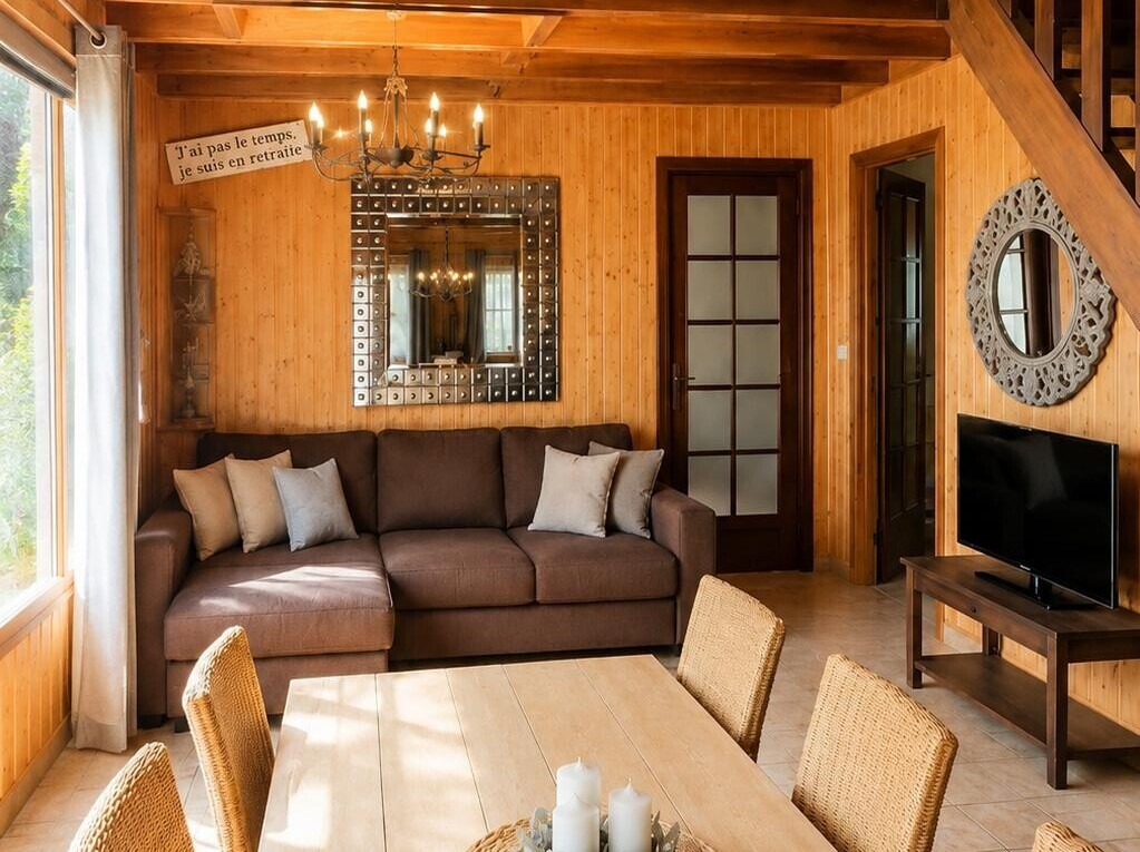 salon / salle à manger avec mur en bois, wood wall, lustre remarquable, télévision, et plafond à poutres