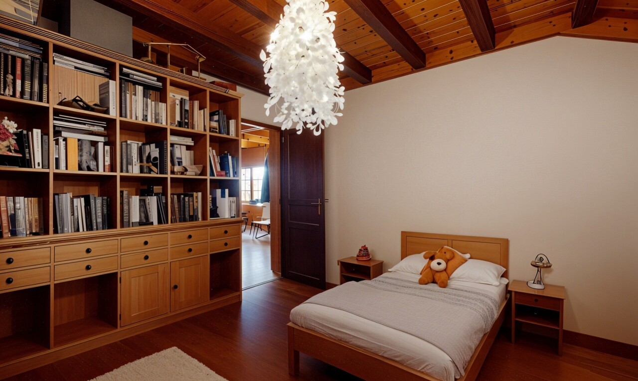 chambre avec sol en finition bois, plafond en bois, lustre remarquable, et cloison sèche