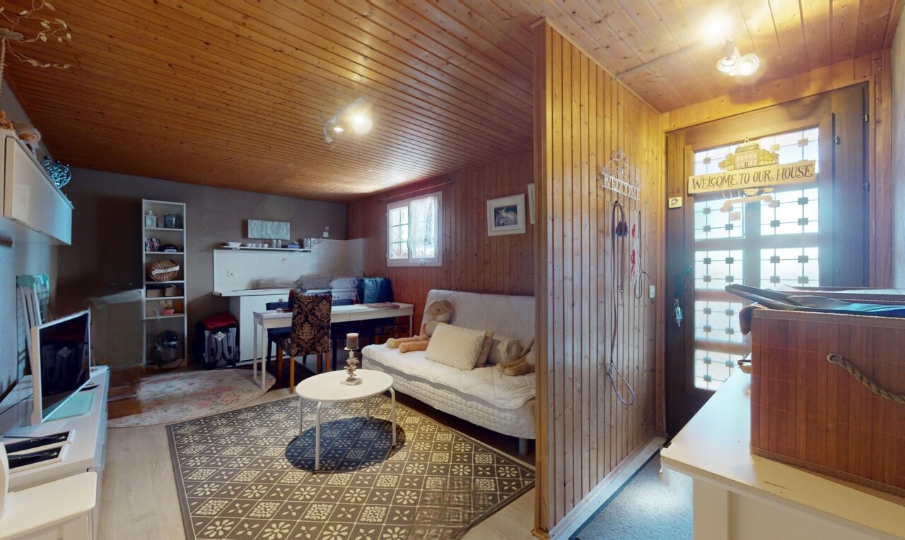 salon / salle à manger avec mur en bois, plafond en bois, télévision, et lumière naturelle