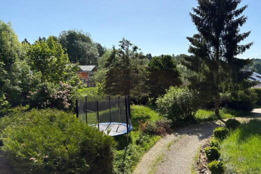 jardin avec trampoline, day time, woods view, et vue sur les bois