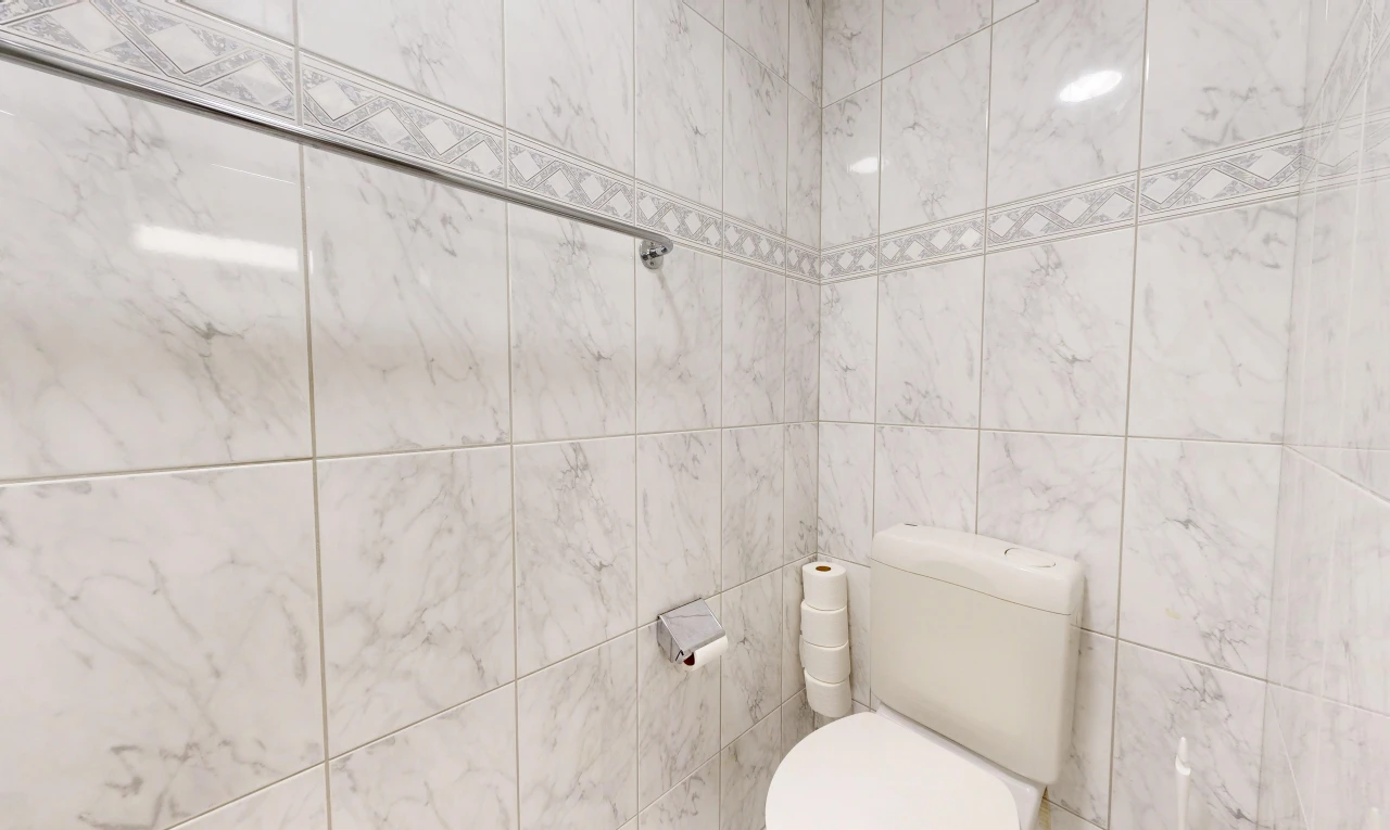 bad mit toilette, tile wall, und fliesenwand