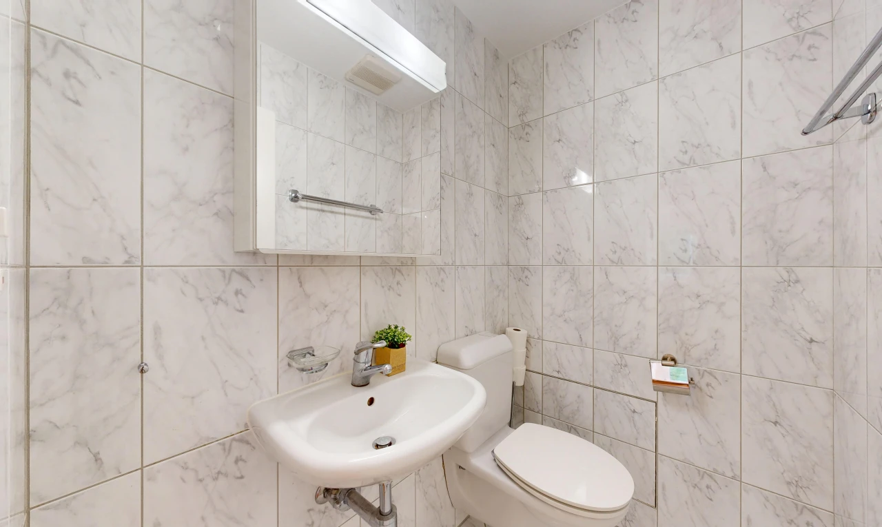bad mit fliesenwand, tile wall, toilette, waschbecken, und spiegel