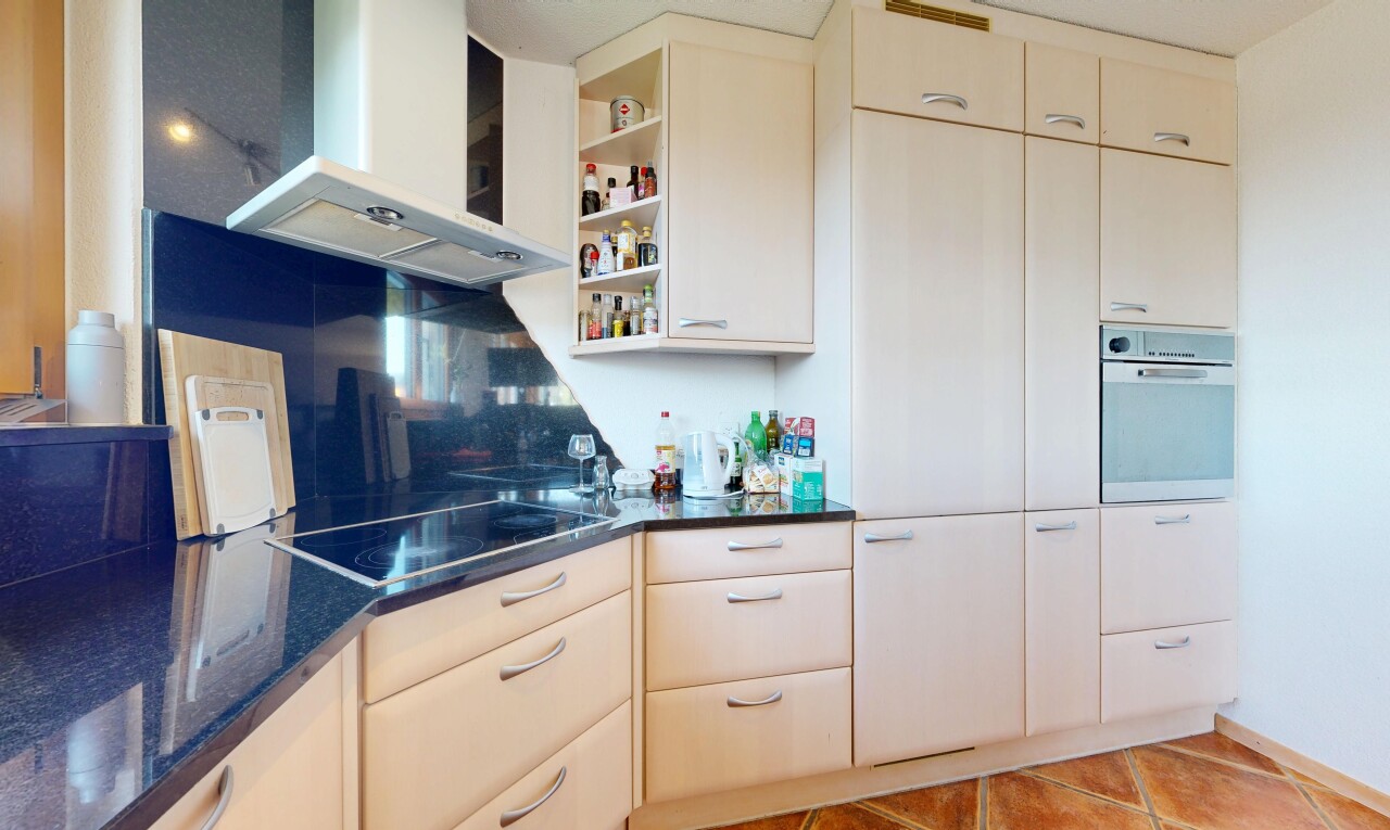 kitchen with range hood, stainless steel oven, open shelves, black electric stovetop, and light tile patterned floors