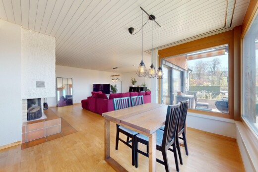 wohn- / esszimmer mit inside property, wood ceiling, holzdecke, wood finish floor, und holzfußboden