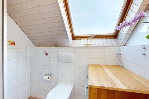 salle de bains avec inside property, plafond voûté, vaulted ceiling, mur en carrelage, et tile wall