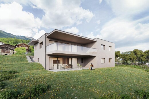 façade avec terrasse, pelouse, bardage en stuc, et day time