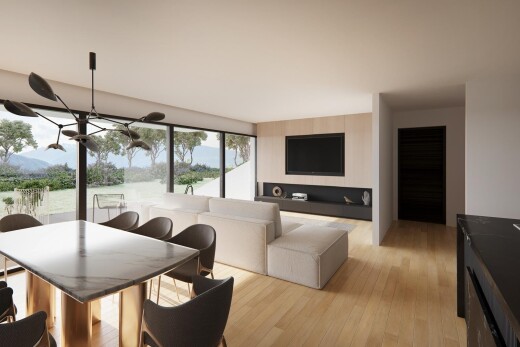 wohn- / esszimmer mit holzfußboden, wood finish floor, rendered, fernseher, und natürliches licht