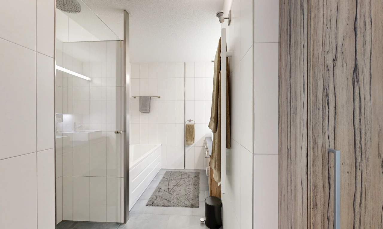 salle de bains avec salle de bain complète, mur en carrelage, tile wall, bain, et douche
