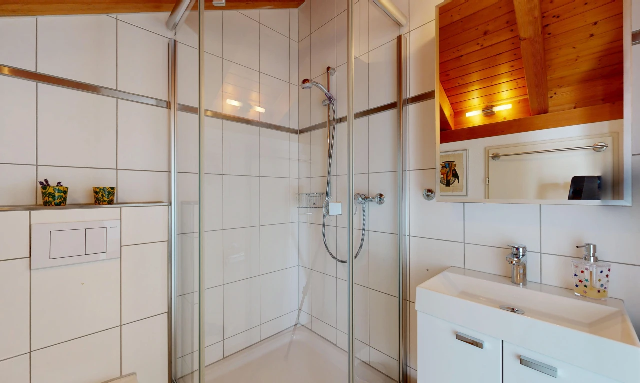 salle de bains avec salle de bain complète, miroir, douche, évier, et lavabo (ou coiffeuse selon le contexte)