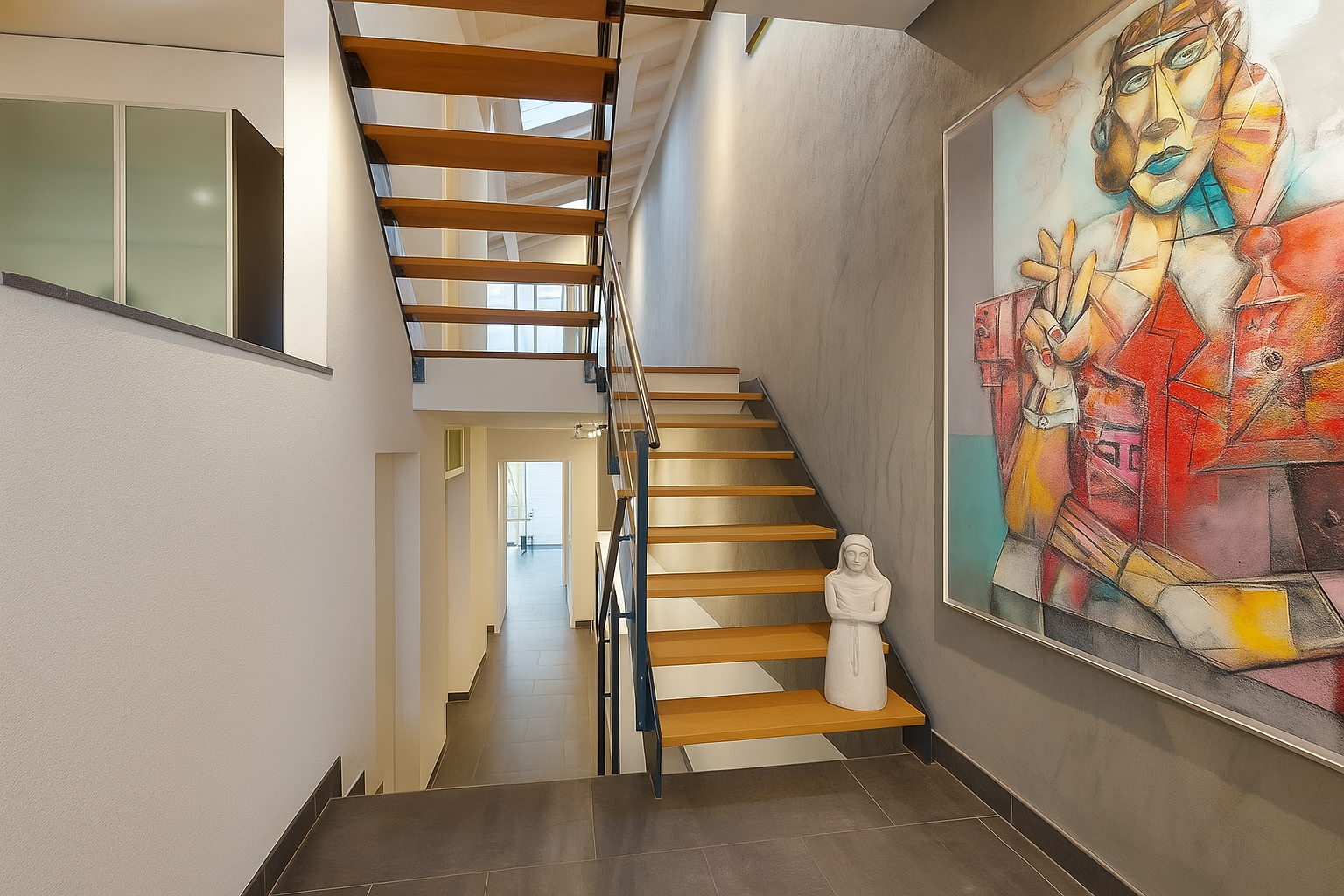 stairway featuring a towering ceiling