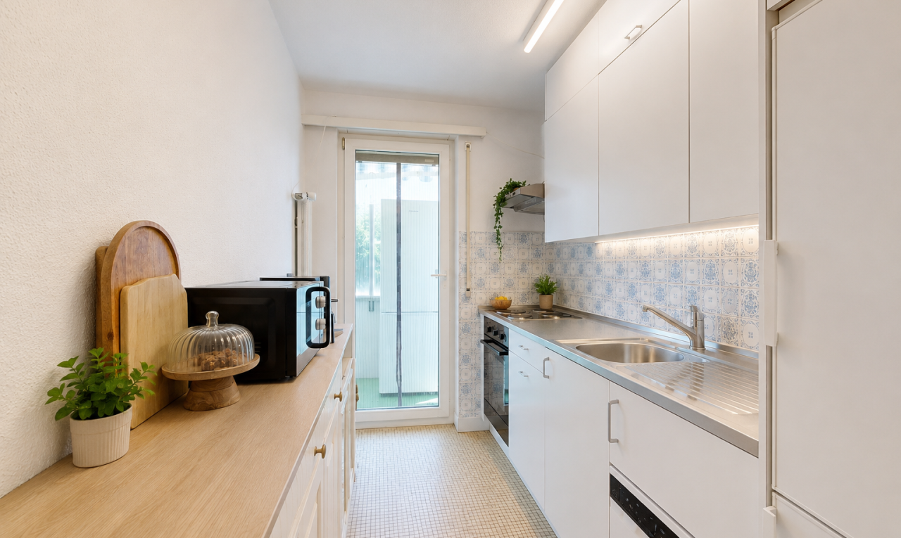 küche mit kühlschrank, light countertops, arbeitsplatten, light floor, und mikrowelle