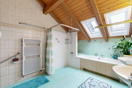 bad mit balkendecke, beamed ceiling, dachschräge, vaulted ceiling, und kühler