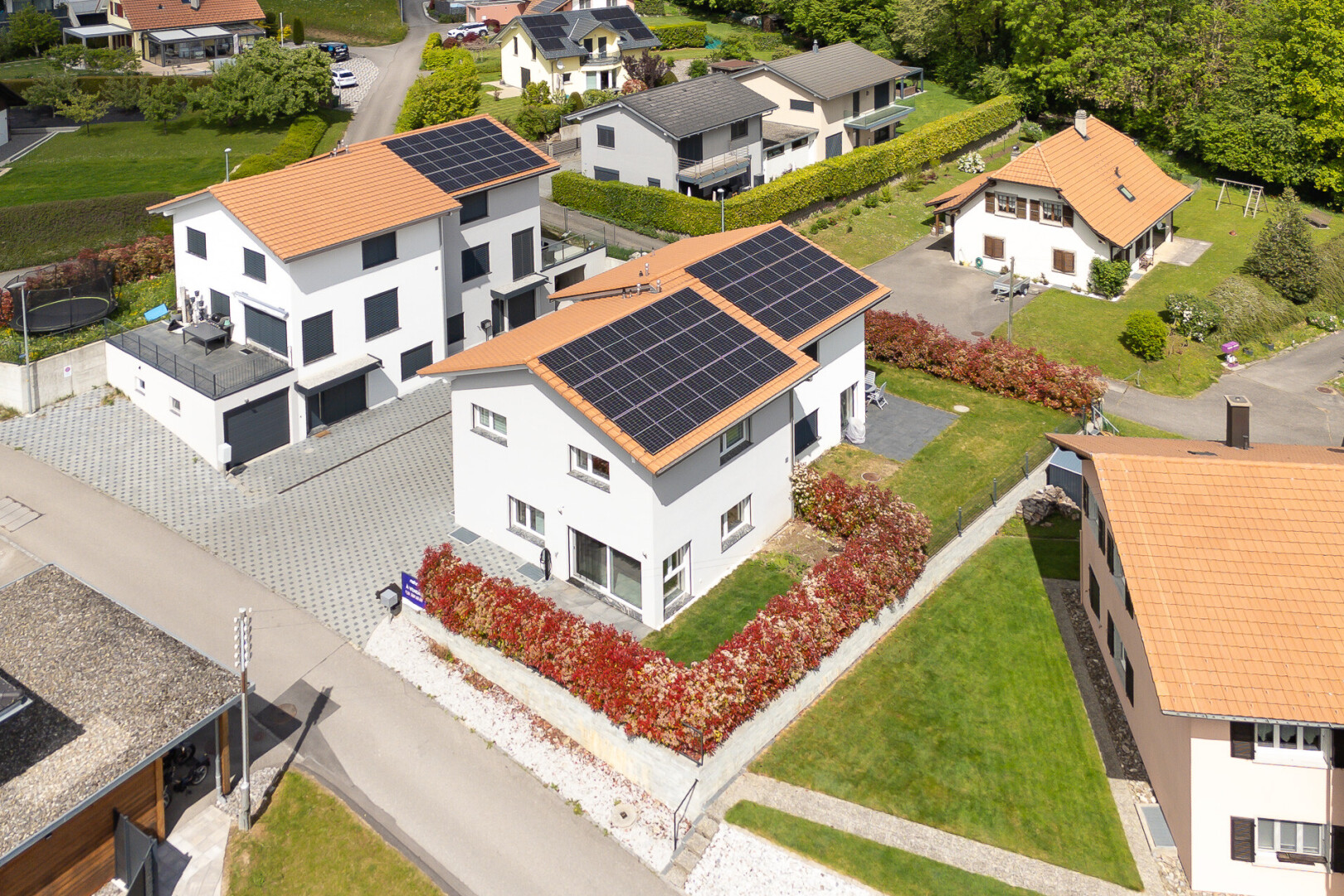 outdoor house with roof mounted solar panels