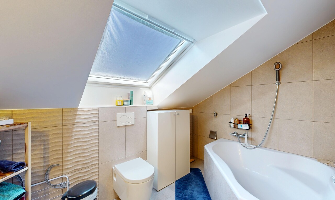 bad mit fliesenwand, tile wall, komplettes badezimmer, inside property, und dachfenster