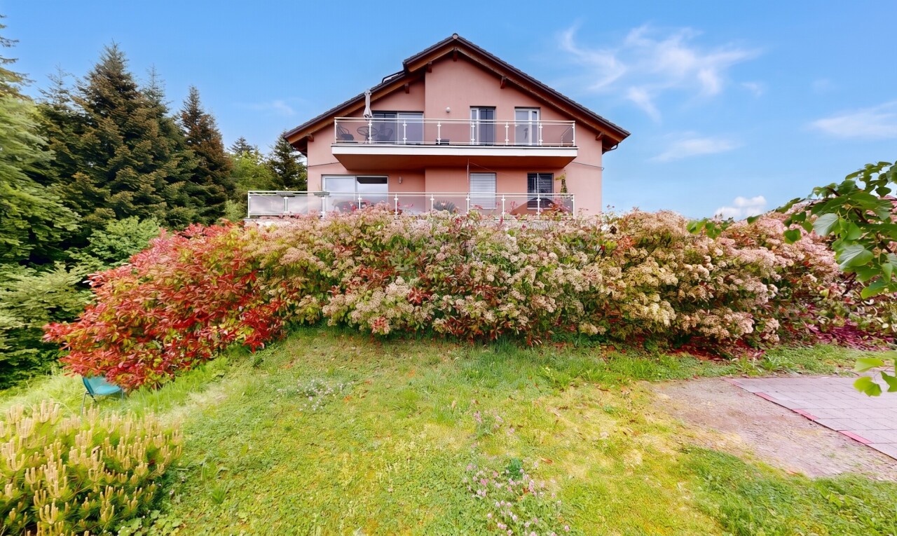 außenansicht mit stuckverkleidung, property visible, day time, balkon, und rasen